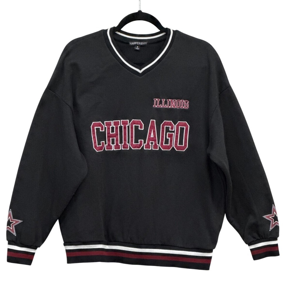 Harper‎ & Ivy Womens Black Chicago V-Neck Graphic Sweatshirt Size M Long Sleeve